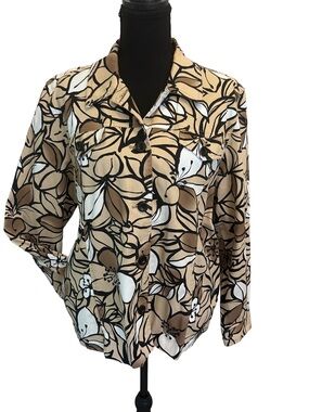 Alfred Dunner Tan & Black Floral Button-Up Jacket with Sequins Size 12